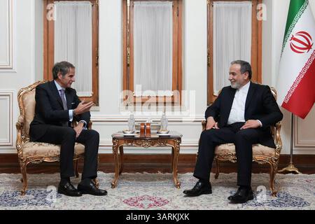 Tehran, Iran. 17th Apr, 2025. International Atomic Energy Agency (IAEA) Director General RAFAEL MARIANO GROSSI (L) meets with Iranian Foreign Minister ABBAS ARAGHCHI (R) in Tehran. Grossi is visiting Tehran to meet with Iranian officials after the recent nuclear talks between Iran and the US. (Credit Image: © Iranian Foreign Ministry via ZUMA Press Wire) EDITORIAL USAGE ONLY! Not for Commercial USAGE! Stock Photo