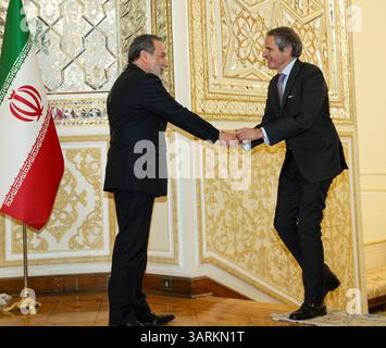 Tehran, Iran. 17th Apr, 2025. International Atomic Energy Agency (IAEA) Director General RAFAEL MARIANO GROSSI (R) meets with Iranian Foreign Minister ABBAS ARAGHCHI (L) in Tehran. Grossi is visiting Tehran to meet with Iranian officials after the recent nuclear talks between Iran and the US. (Credit Image: © Iranian Foreign Ministry via ZUMA Press Wire) EDITORIAL USAGE ONLY! Not for Commercial USAGE! Stock Photo