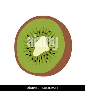 Kiwi half. Cut piece of fresh exotic kiwifruit. Hand-drawn colored flat vector illustration isolated on white. Stock Vector