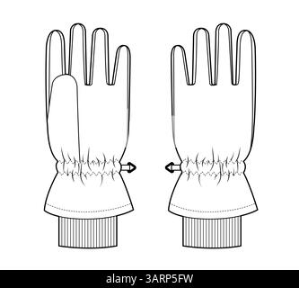 Ski Gloves Igloos with knit cuff Insulated Core Fashion hand accessory clothing technical illustration garment. Vector for Men, women, unisex style flat template CAD mockup outline on white background Stock Vector