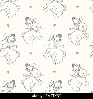 Seamless vintage pattern with hand drawn bunnies and tiny blue flowers adorable design for nursery, baby textiles, and spring themed projects Stock Vector