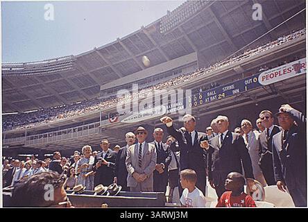 Nov. 20, 2013 - Washington, District Of Columbia, U.S - United States President John F. Kennedy attends the 32nd All-Star Baseball Game at D.C. Stadium and throws out the first ball on July 10, 1962.  Pictured VIPs include: Speaker of the U.S. House John W. McCormack (Democrat of Massachusetts), Dave Powers, Vice President Lyndon B. Johnson, President Kennedy, Commisioner of Baseball Ford. C. Frick, Lawrence O'Brien, others  (Credit Image: © Prensa Internacional/ZUMAPRESS.com) Stock Photo