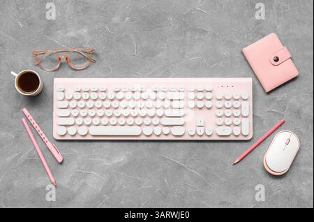 Composition with modern gadgets, stationery, wallet and cup of coffee on grunge background Stock Photo