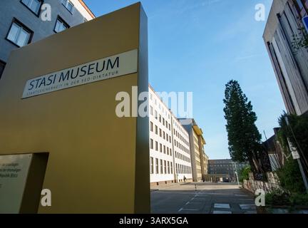 Main entrance of the Stasi Museum in Berlin-Lichtenberg, located in the former headquarters of the East German Ministry for State Security (MfS). Stock Photo