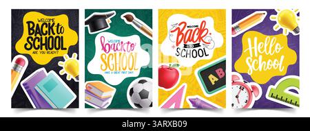 Welcome back to school clipart poster set. Back to school greeting text with sticker educational elements clip art for education flyers and banners Stock Vector