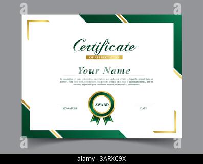 Certificate of appreciation template clipart. Appreciation award green boarded clip art editable template for students, employees and company luxury Stock Vector