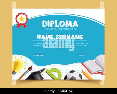 Diploma school certificate template clipart. School diploma graduation editable clip art for preschool, kindergarten and kids primary completion Stock Vector