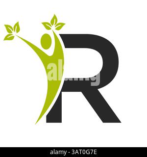 Letter R Healthcare Logo Concept With Human And Leaf Symbol For Bio Sign Stock Vector