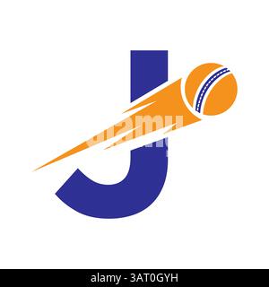 Initial Letter J Cricket Sports Logo Design With Speed Symbol. Cricket Ball Logo For Academy and Club Sign Stock Vector