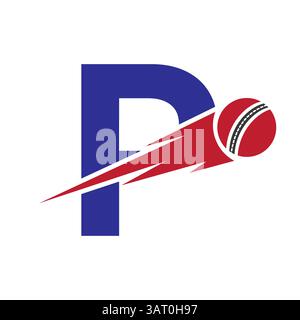 Initial Letter P Cricket Sports Logo Design With Speed Symbol. Cricket Ball Logo For Academy and Club Sign Stock Vector