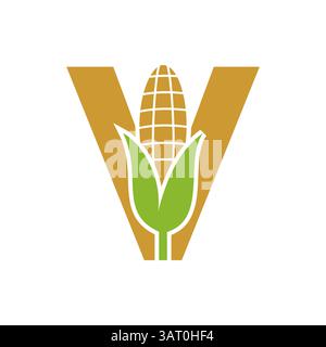 Agriculture Logo Design On Letter V With Corn Symbol for Farm Logo Template Stock Vector