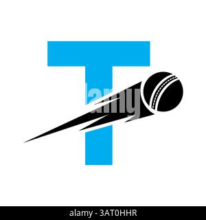 Initial Letter T Cricket Sports Logo Design With Speed Symbol. Cricket Ball Logo For Academy and Club Sign Stock Vector