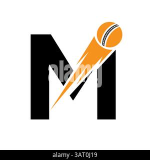 Initial Letter M Cricket Sports Logo Design With Speed Symbol. Cricket Ball Logo For Academy and Club Sign Stock Vector