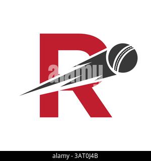 Initial Letter R Cricket Sports Logo Design With Speed Symbol. Cricket Ball Logo For Academy and Club Sign Stock Vector