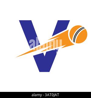 Initial Letter V Cricket Sports Logo Design With Speed Symbol. Cricket Ball Logo For Academy and Club Sign Stock Vector