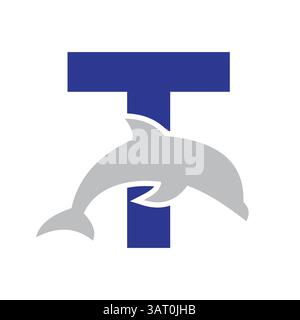Initial Monogram Letter T Dolphin Logo Design Concept With Whale Symbol Stock Vector