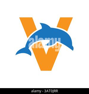 Initial Monogram Letter V Dolphin Logo Design Concept With Whale Symbol Stock Vector