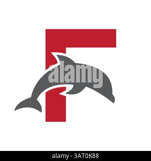 Initial Monogram Letter F Dolphin Logo Design Concept With Whale Symbol Stock Vector