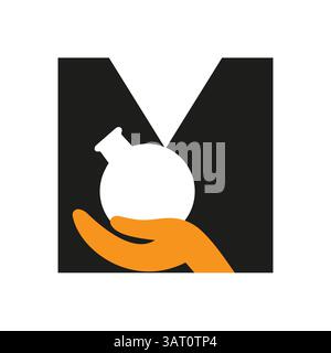 Initial Letter M Medicine Logo Concept With Hand And Laboratory Glassware Symbol Stock Vector
