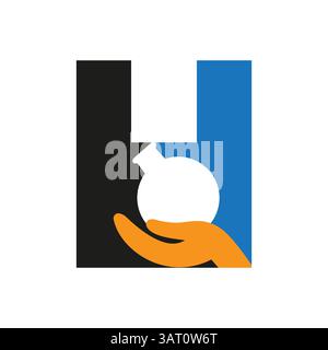 Initial Letter H Medicine Logo Concept With Hand And Laboratory Glassware Symbol Stock Vector
