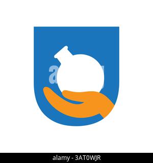 Initial Letter U Medicine Logo Concept With Hand And Laboratory Glassware Symbol Stock Vector