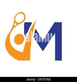 Letter M Padel Racket Logo Design. Paddle Symbol Beach Table Tennis Club Sign Stock Vector