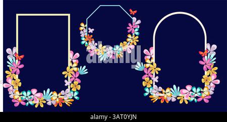 Set of bright easter frames with colorful flowers and butterflies. Easter celebration background. Spring frame for card, invitation. Stock Vector