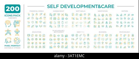 Self development and care two color line icons set collection Stock Vector
