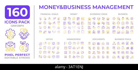 Money and business management two color line icons set collection Stock Vector