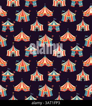 Vector festive seamless pattern with circus vintage tents on dark background. Retro texture with colorful carnival marquees for wrapper and wallpaper Stock Vector