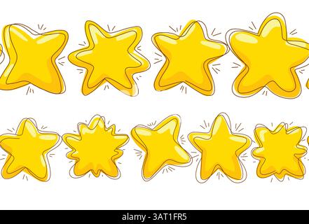 Vector set of seamless borders with various cartoon stars with scribble strokes. Magical horizontal frieze with yellow stars for frames and brushes Stock Vector
