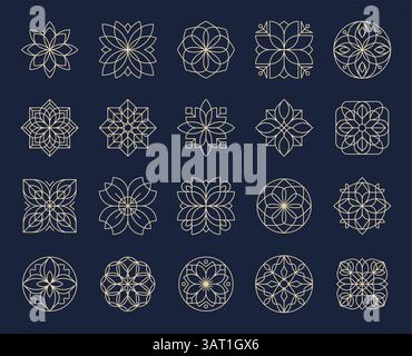 Outline ornate flower icons, symmetrical floral signs or mandala symbols varies in petal shape and geometric complexity. Vector set of sacral geometry Stock Vector