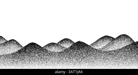 Noise mountains on grain dot background with white and black stipple sand, vector halftone effect. Mountain hills in grunge noise dust texture of half Stock Vector
