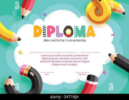 Graduation certificate clipart template design. School diploma for kindergarten and primary editable graduation template clip art with colorful Stock Vector