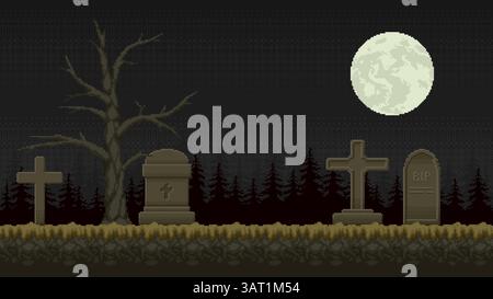 Pixel art graveyard landscape. Cemetery seamless background for 8 bit ...