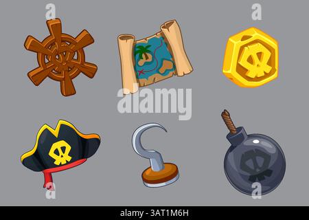 Pirate icons-Hat, coin, treasure map, pirate hook, wooden Helm and Bomb. Game icons in vector cartoon style. Stock Vector