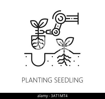 Robot smart farm icon, agriculture technology, linear vector sign of a robotic arm planting a seedling into soil, symbolizing futuristic farming, inno Stock Vector