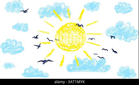 Bright sun with rays. Sunny sky and silhouette of a flock of birds. Colorful wax pencil kids drawing cloudy landscape. Vector naive and funny design Stock Vector