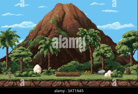 8 bit pixel art game background with dinosaur eggs on a jungle landscape with palm trees, rocks, flowers and volcano mountain under a blue sky. Vector Stock Vector