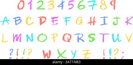 English alphabet and numbers 0-9, hand-drawn in colorful wax crayon or charcoal style on board. Highlighter effect, perfect for kindergarten drawing Stock Vector