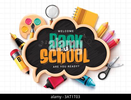 Back to school blackboard clipart template. School greeting text in speech bubbles chalkboard clip art with educational supplies like watercolor Stock Vector