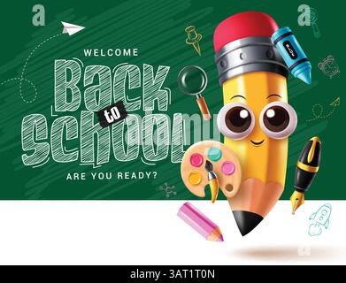 Back to school chalkboard greeting clipart template design. School greeting text with cute pencil character, watercolor, fountain pen and magnifying Stock Vector