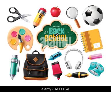 School elements clipart set. Back to school educational elements clip art collection like speech bubble chalkboard with greeting text, watercolor Stock Vector