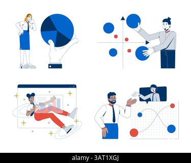 Diverse people with data visualization 2D illustration concepts set Stock Vector