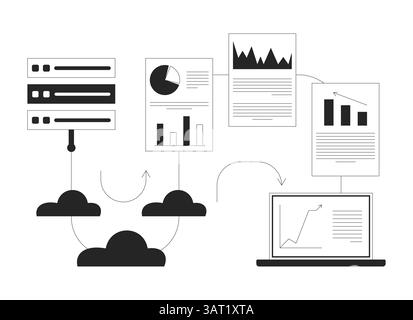 Transfer data analytics from server to laptop line illustration concept Stock Vector