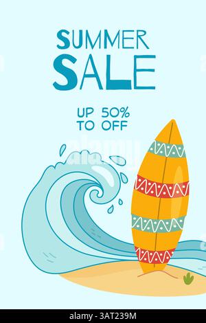Vector banner with colorful surfboard, big blue wave, and "Summer Sale" lettering. Ideal for vacation or beach promo materials. Stock Vector