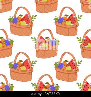 Colorful seamless pattern featuring picnic basket with apples, grapes, watermelon and oranges. Ideal for summer food packaging or prints. Stock Vector