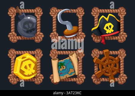 Pirate icons-Hat, coin, treasure map, pirate hook, wooden Helm and Bomb in rope square frame. Game icons for your games Stock Vector