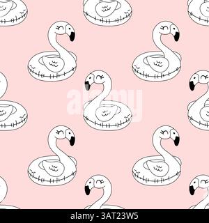 Black and white repeating flamingo pool float design in cartoon sketch style. Great for summer-themed coloring pages and printables. Stock Vector