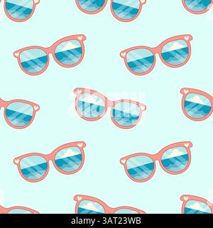 Summer pattern with pink sunglasses showing sea and sky in reflection. Perfect for vacation themes and beach designs. Stock Vector
